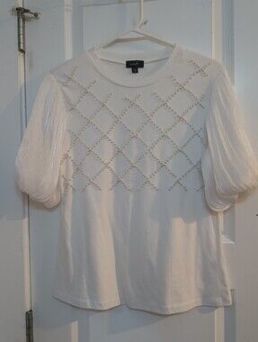 Ontwelth White Pearl Lattice Puff Sleeve Top